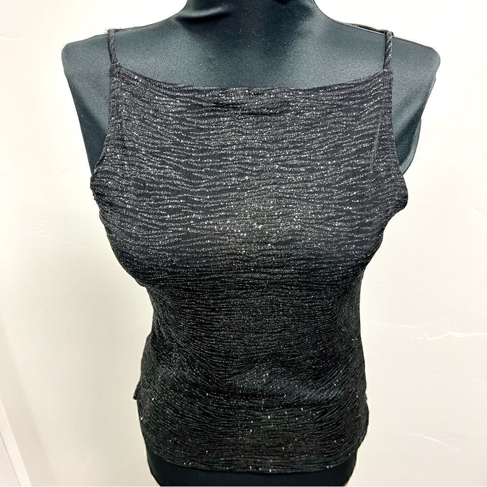 NWT vintage y2k Windsor apron top in black stretch with silver sparkles sz L